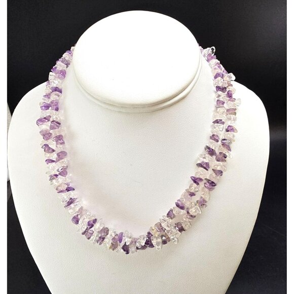 Amethyst & Clear Quartz Chip Bead Necklace Double Strand 24" HS188 - Picture 2 of 8